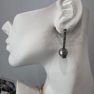 Earrings  Sterling Silver 925 Marcasite & Pearl Long Drop Dangling